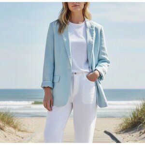 NWOT Six Fifty Womens Sz Small Linen Blend Coastal Blue Boyfriend Blazer Jacket
